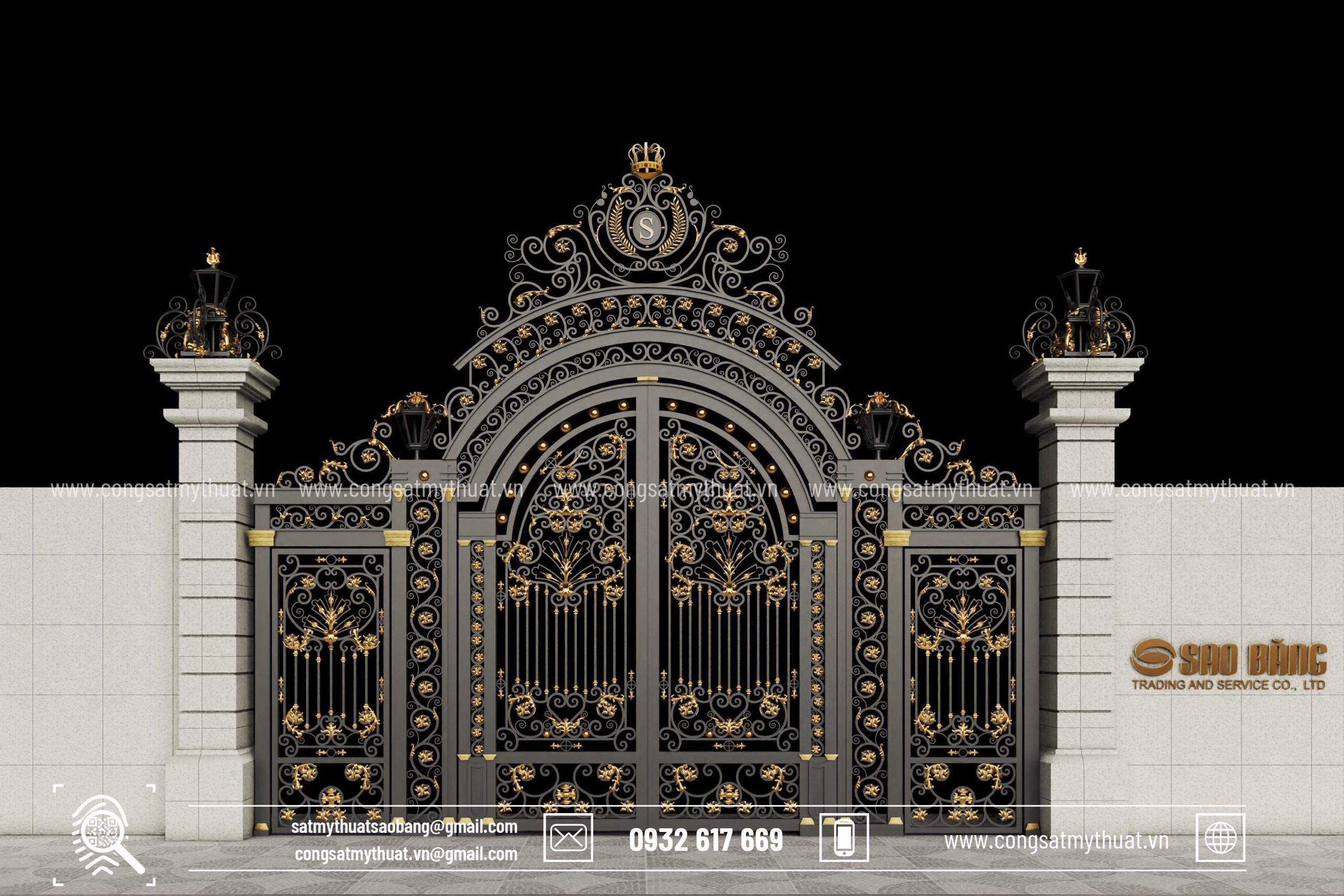 Mẫu cổng biệt thự đẹp có 3 cánh 2 chính 1 phụ có hoạ tiết độc đáo lấy ý  tưởng theo phong cách kiến trúc hoàng gia nổi bật trên nền c… |
