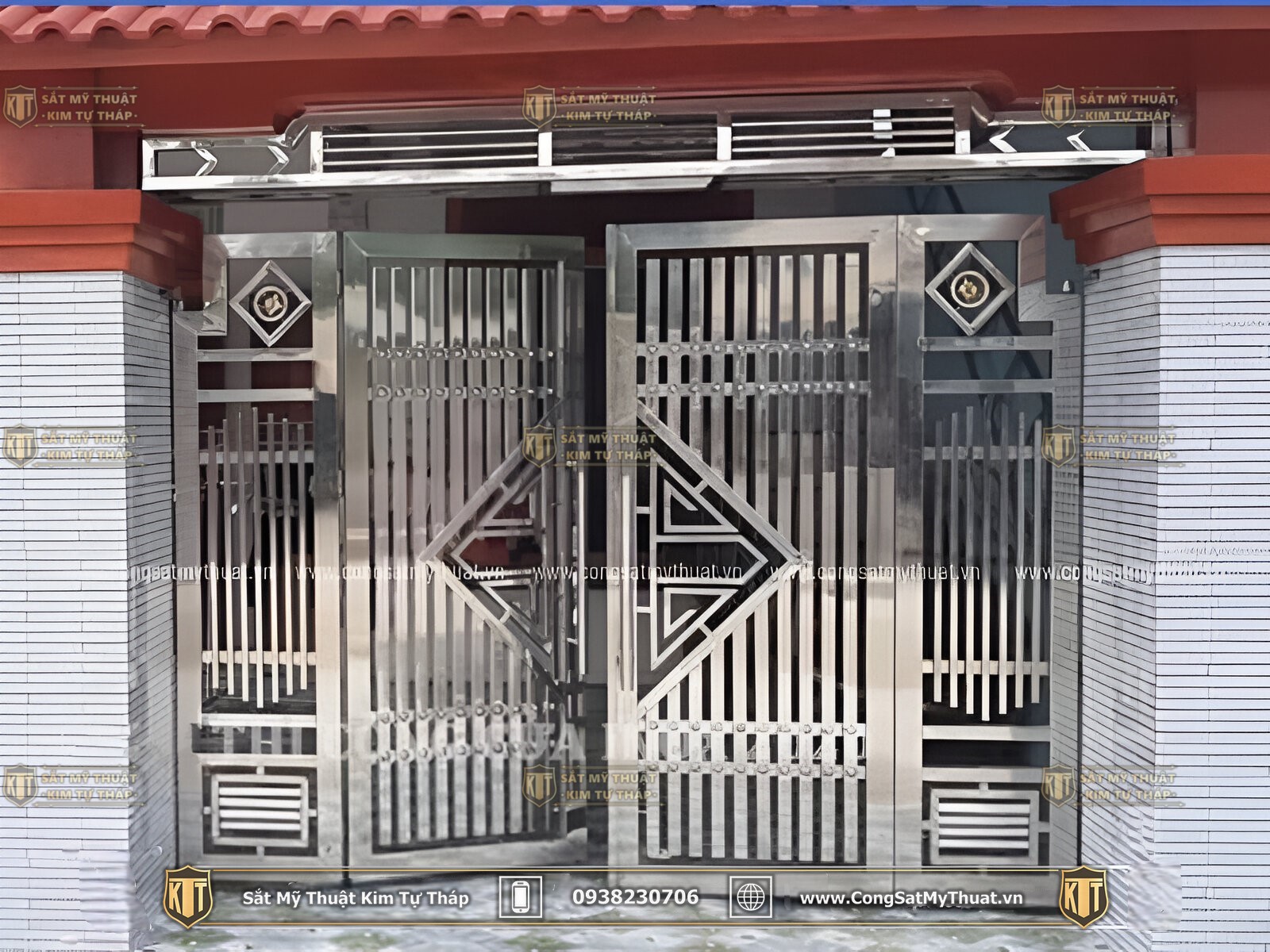 Cổng nhà đẹp ở nông thôn 4 cánh bằng inox 