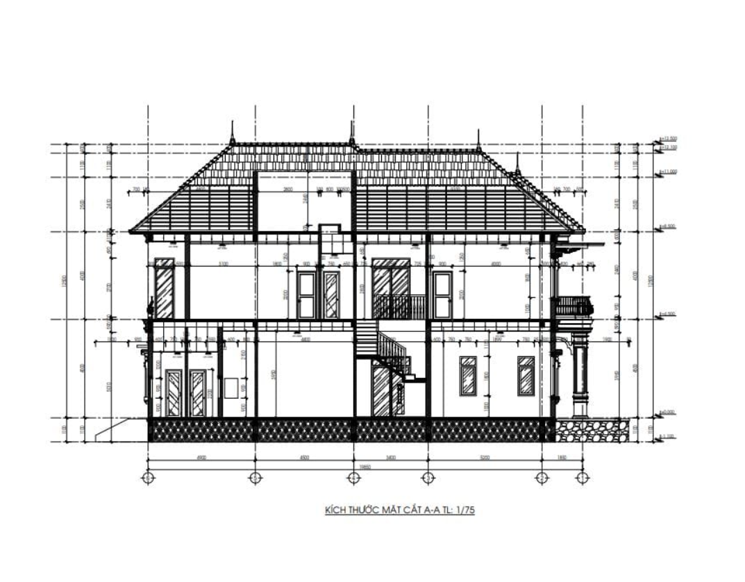 2D mặt cắt của công trình biệt thự, thể hiện tổng thể không gian bên trong ngôi nhà